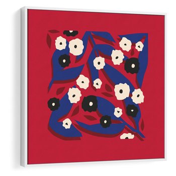 Obraz w ramie 80x80 - Kolorowe Przenikanie - abstrakcyjna kwiatowa kompozycja, czerwone mocne tło - rama biała