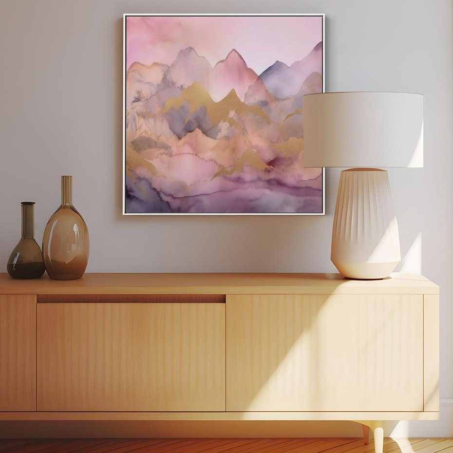 Obraz w ramie 80x80 - Pastelowe Wzgórza - pastelowe, różowe góry - rama biała