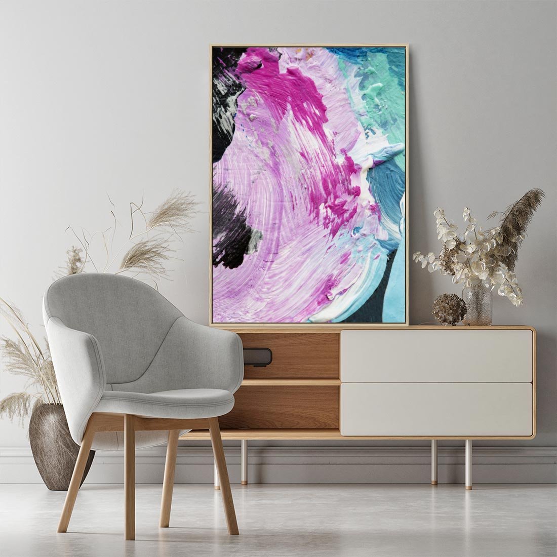 Obraz w ramie 70x100 - Kolorowy rój wyobraźni - rozlane kolorowe farby olejne, abstrakcja - rama drewno