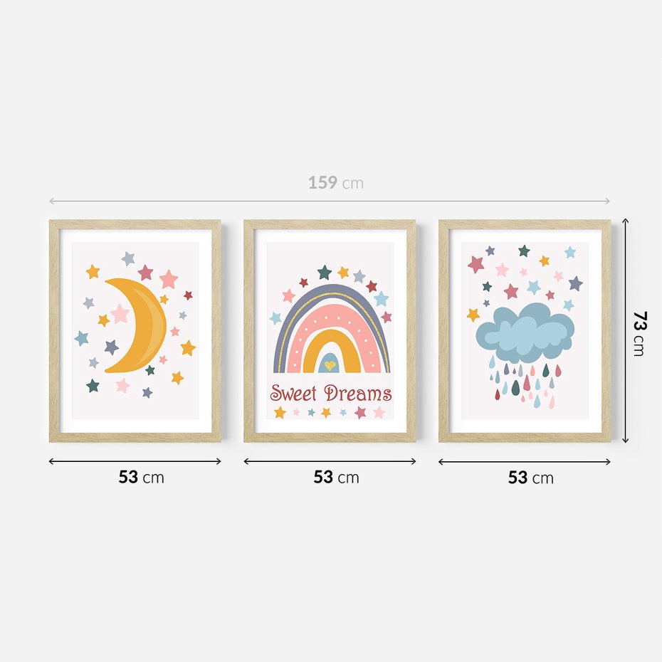 Zestaw obrazy w ramie 50x70 galeria - Plakaty, dla, dzieci, tęcza - rama drewno