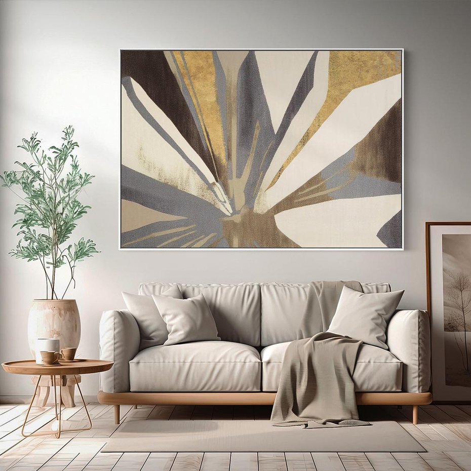 Obraz w ramie 100x70 - Szept roślinnych emocji - olejna abstrakcja, złoto i brąz - rama biała