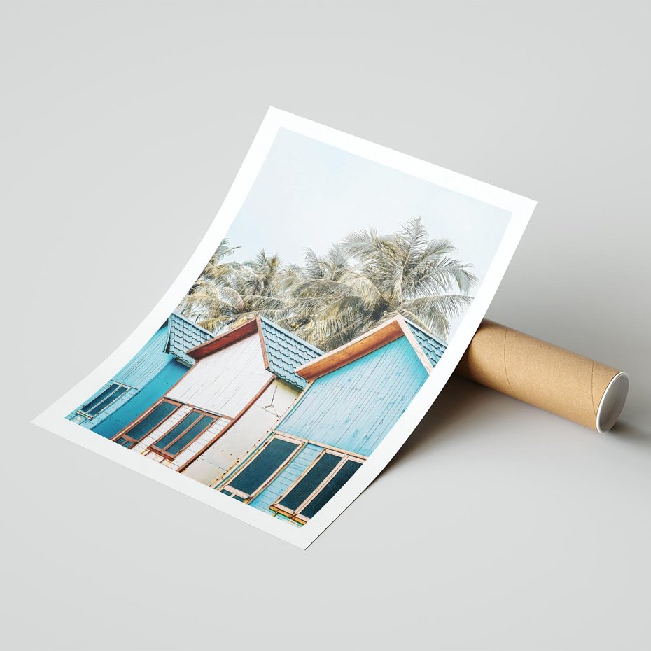 Plakat bez ramy 21x30 - Rajskie Wakacje - domki na plaży, błękitne domki