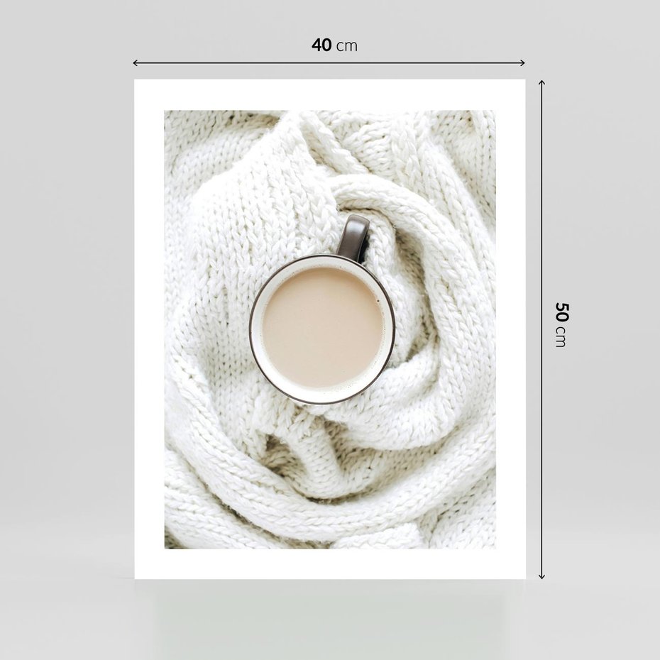 Plakat bez ramy 40x50 - Kawa na Wełnianym Kocu - kawa, biały wełniany koc