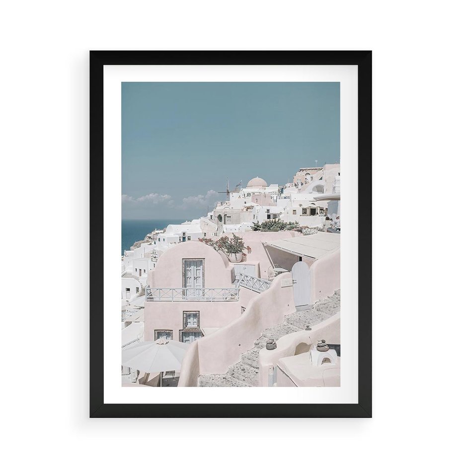 Plakat w ramie 50x70 - Śródziemnomorski Urok - zdjęcie Santorini, białe budynki - rama czarna
