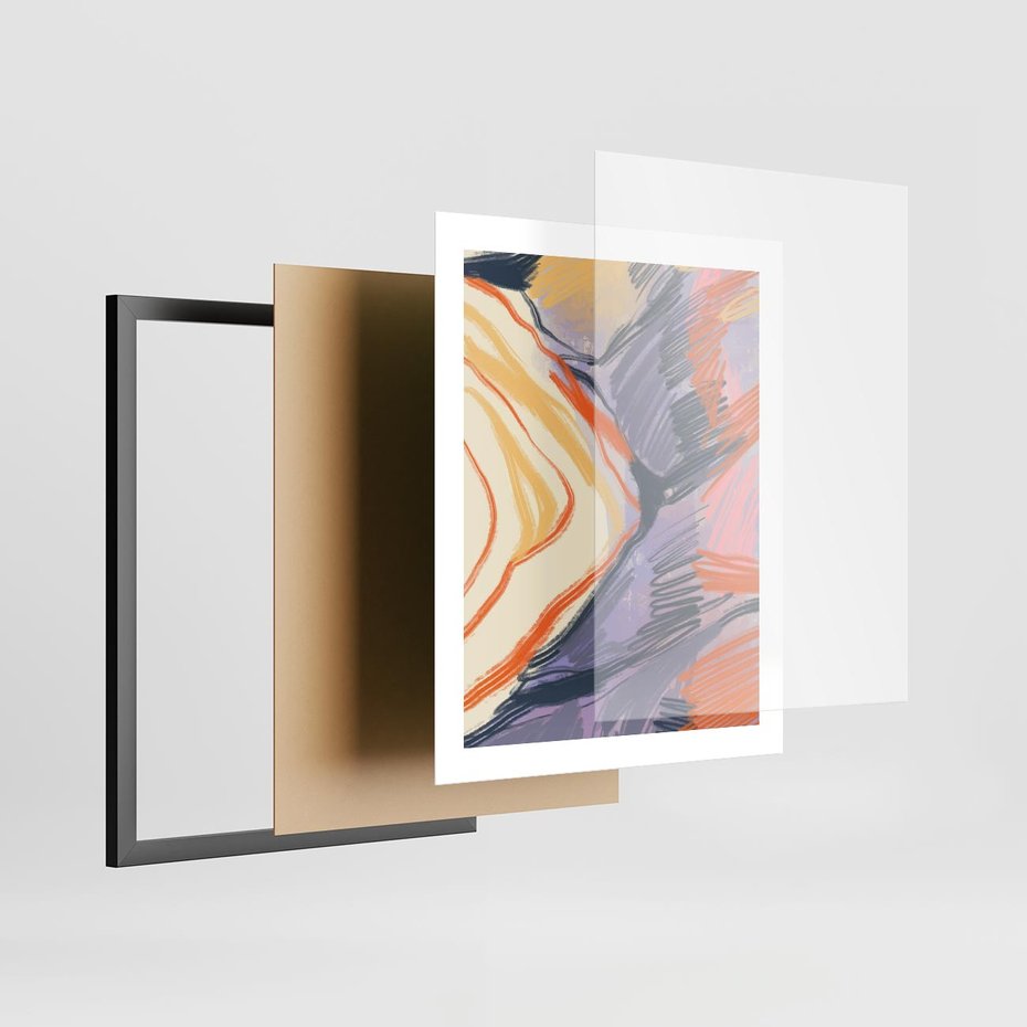 Plakat w ramie 40x50 - Pokreślony Świat - abstrakcyjne formy, odcienie pomarańczu i fioletu - rama czarna