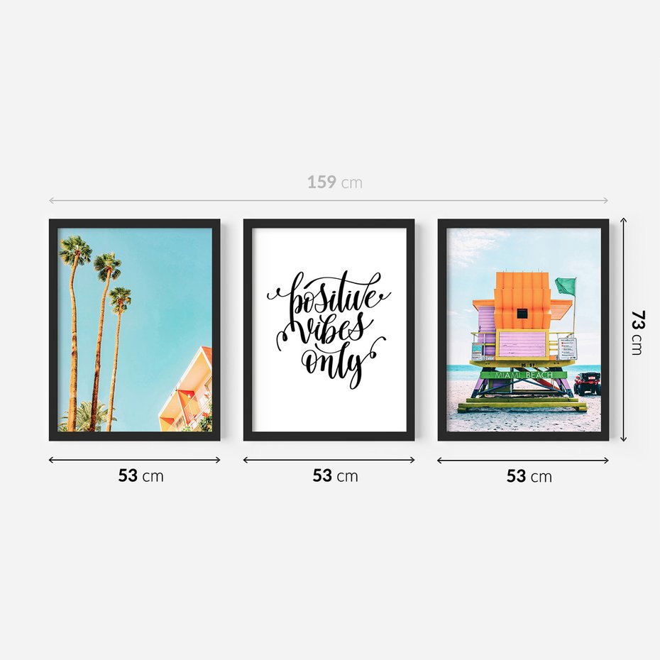Zestaw obrazy w ramie 50x70 galeria - Pozytywny, cytat, plaża, palmy, wakacje - rama czarna