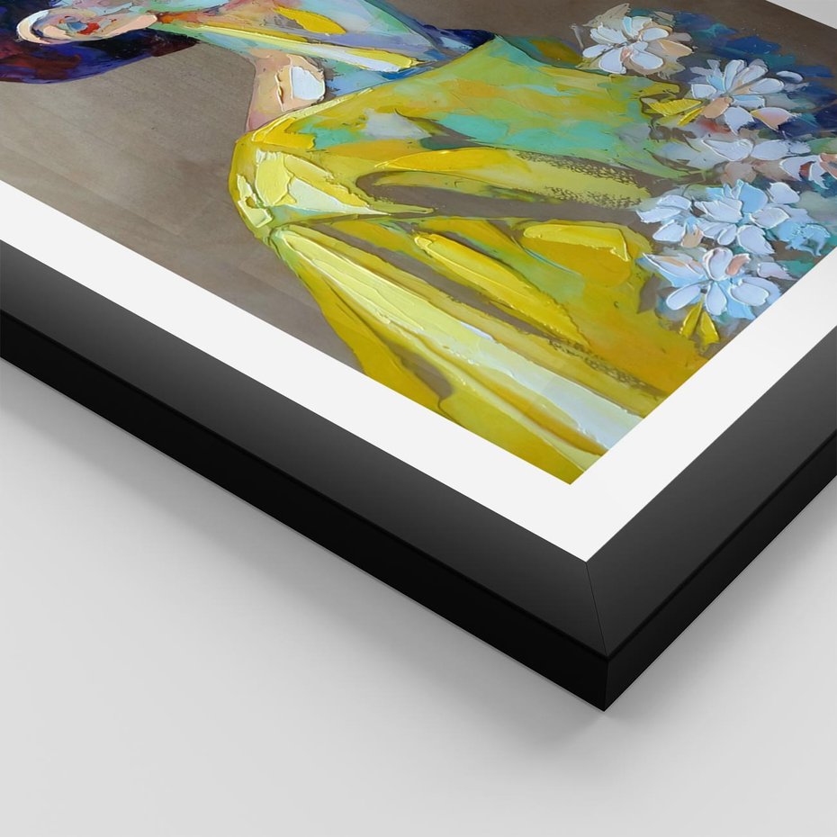 Plakat w ramie 50x70 - W Żółtej Sukience - olejny abstrakcyjny obraz, portret kobiety w żółtej sukience - rama czarna