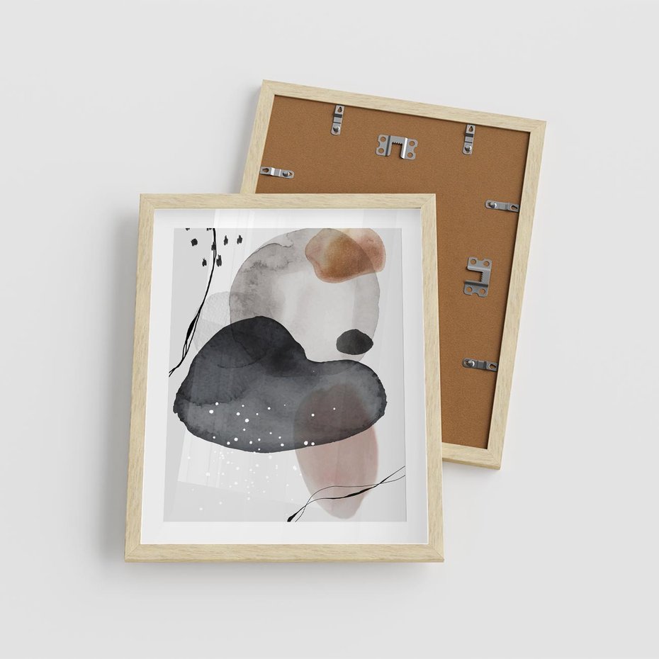 Plakat w ramie 40x50 - Impresje Harmonii - abstrakcyjne plamy akwarelowe, czarny szkic - rama drewno