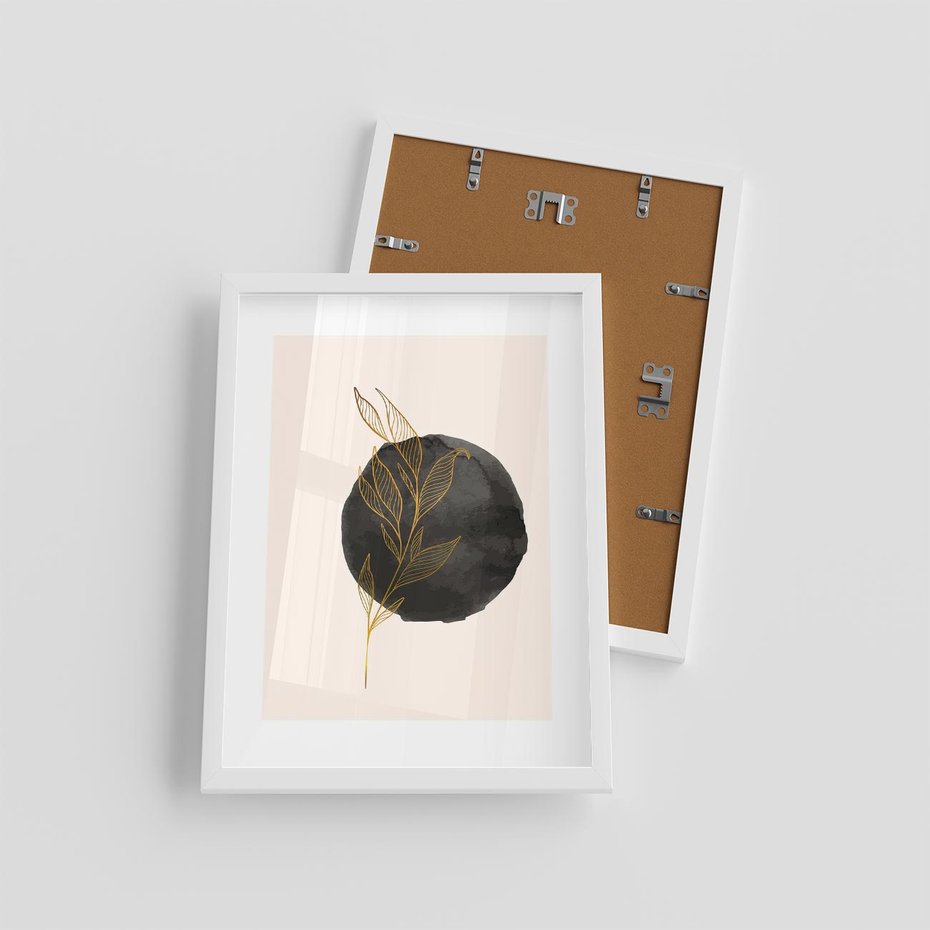 Plakat w ramie 30x40 - Złota Gałązka na Tle Akwarelowej Ciemności - złota gałązka, czarna plama akwarelowa w tle - rama biała