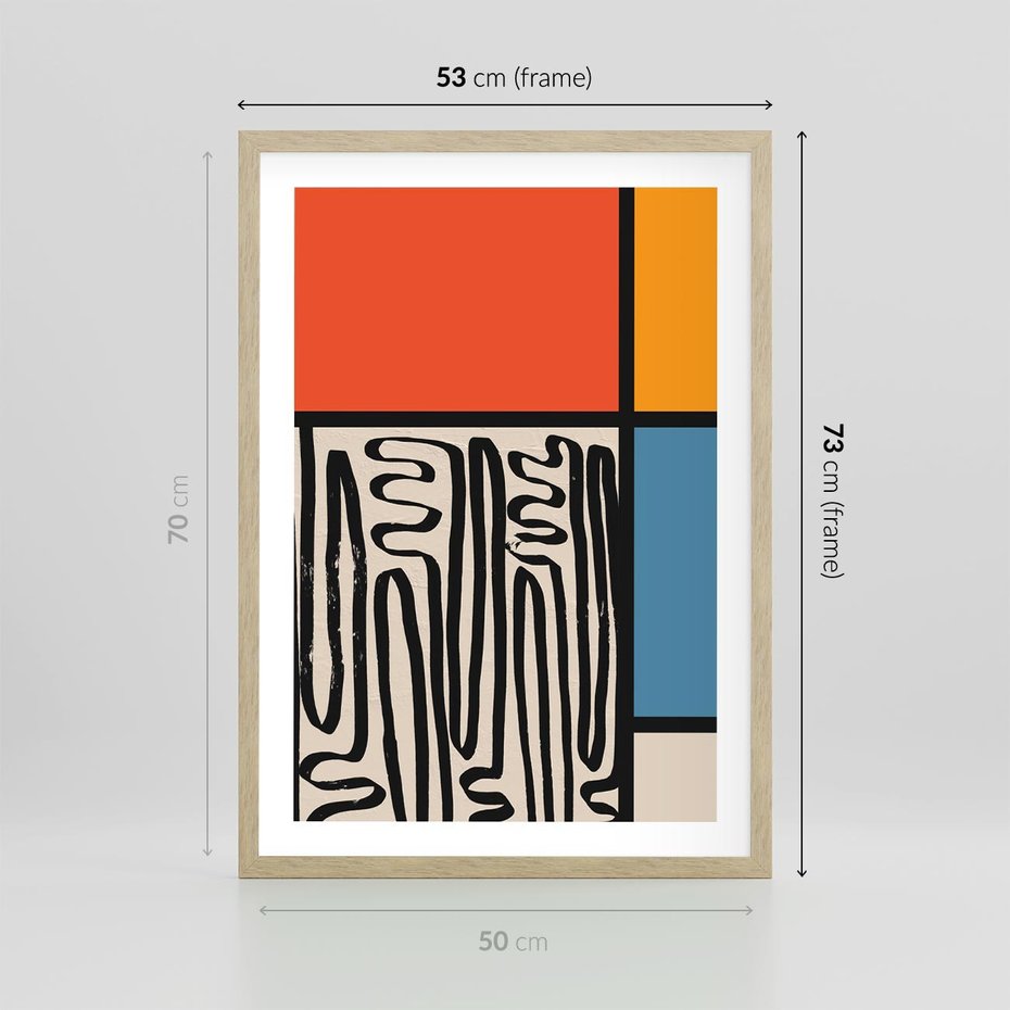 Plakat w ramie 50x70 - Podróżne Wibracje Serca - abstrakcyjny obraz, proste linie - rama drewno