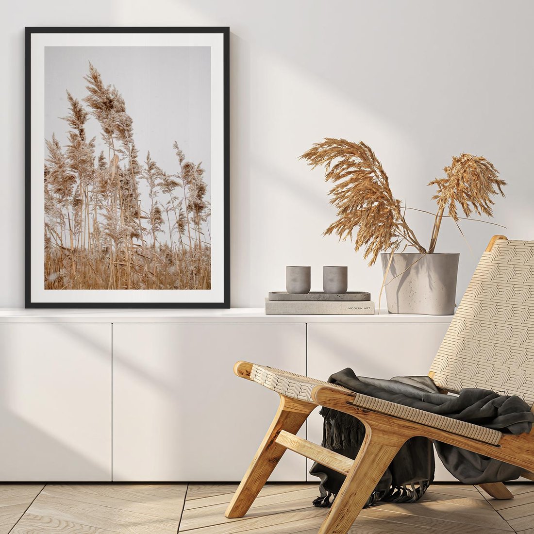 Plakat w ramie 30x40 - Boho Urok - trawy, pampas - rama czarna