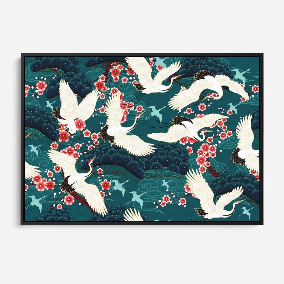 Obraz w ramie 100x70 - Żurawie Wachlarze - orientalne japońskie żurawie, grafika - rama czarna
