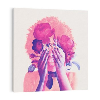 Obraz na płótnie 70x70 - Kwiaty we Włosach - różowa postać, grafika