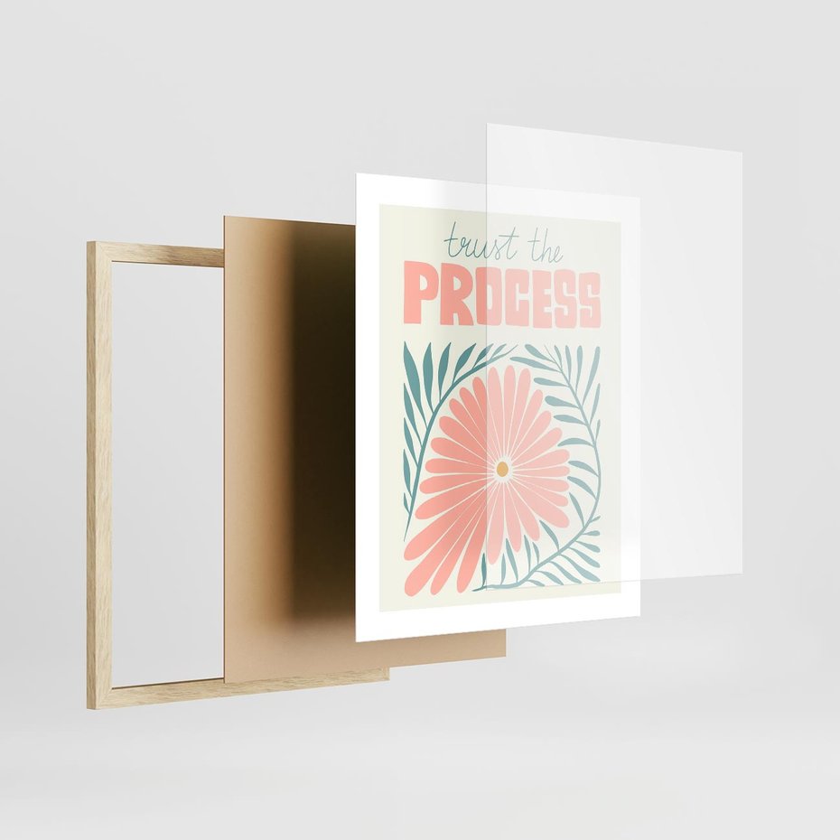 Plakat w ramie 40x50 - Symfonia Światła - typografia, pastelowa stokrotka - rama drewno