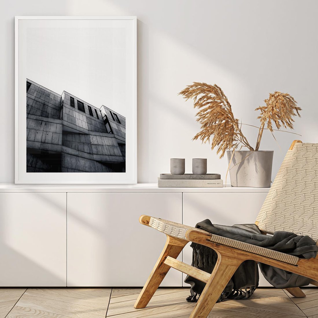 Plakat w ramie 50x70 - Surowa Elegancja Architektury - architektura, surowe formy - rama biała