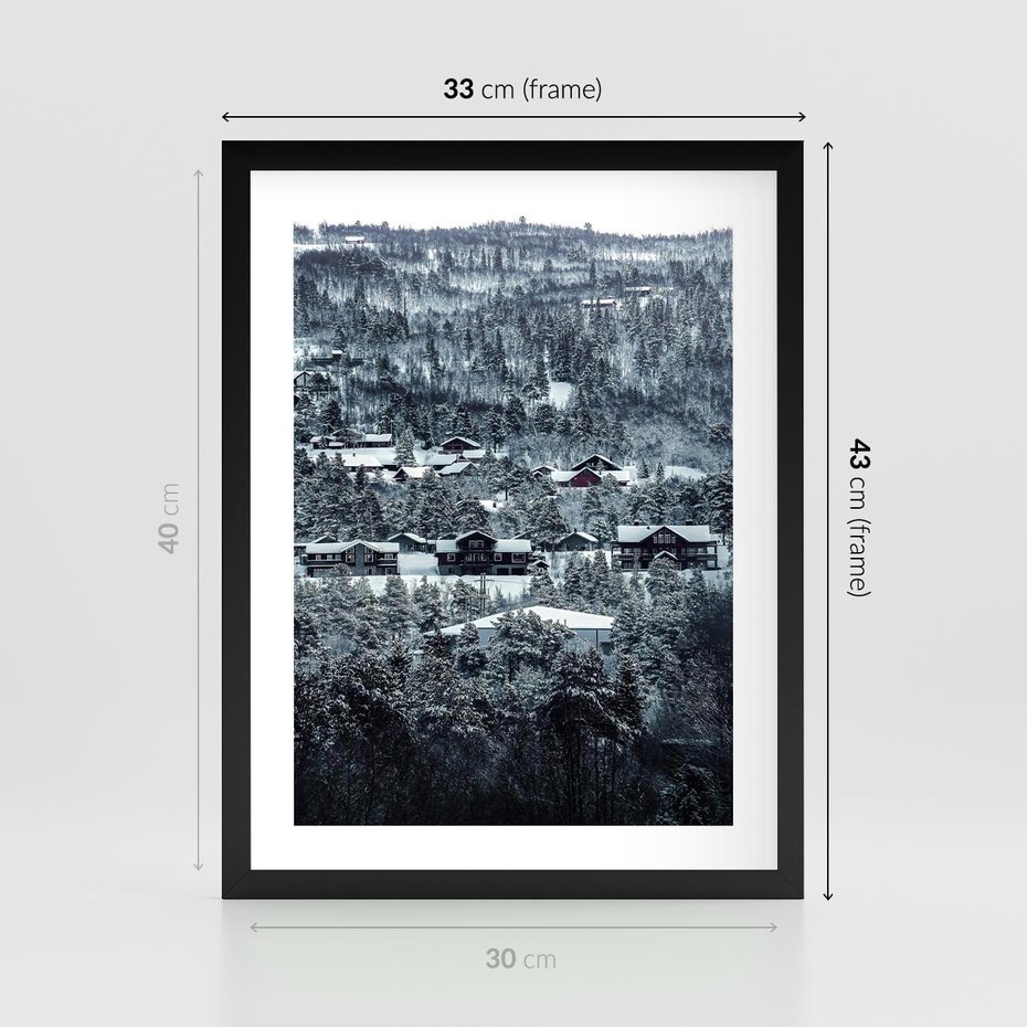 Plakat w ramie 30x40 - Domki w Chmurach - górski zimowy krajobraz, dommki na wzgórzach - rama czarna