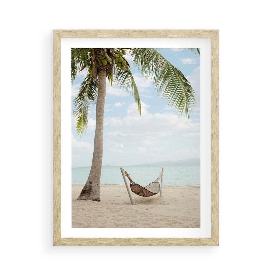 Plakat w ramie 50x70 - Relaks na plaży - palma, hamak - rama drewno