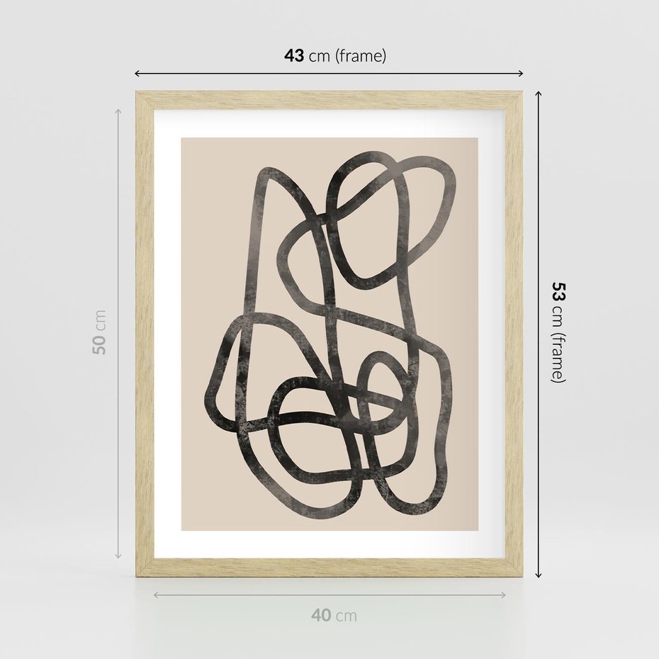 Plakat w ramie 40x50 - Przenikanie Wirtualnych Wymiarów - zaplątane minimalistyczne linie, na bezowym tle - rama drewno