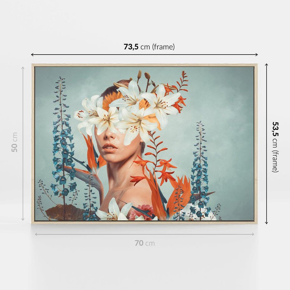 Obraz w ramie 70x50 - Kwiatowa Enklawa Uroku - kolaż, nierealna kompozycja - rama drewno