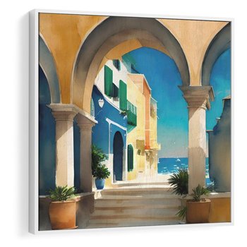 Obraz w ramie 80x80 - Nadmorskie Łuki - akwarela, śródziemnomorski klimat - rama biała