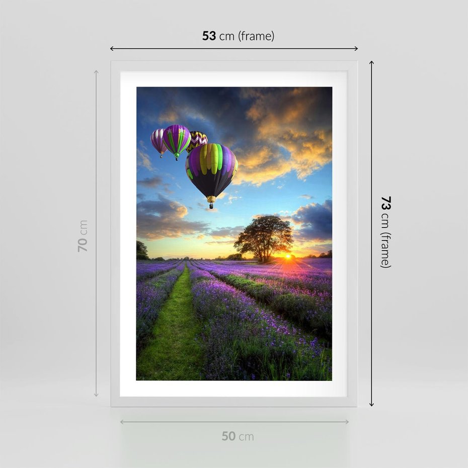 Plakat w ramie 50x70 - Lawendowe Marzenia - lawenda, balony - rama biała