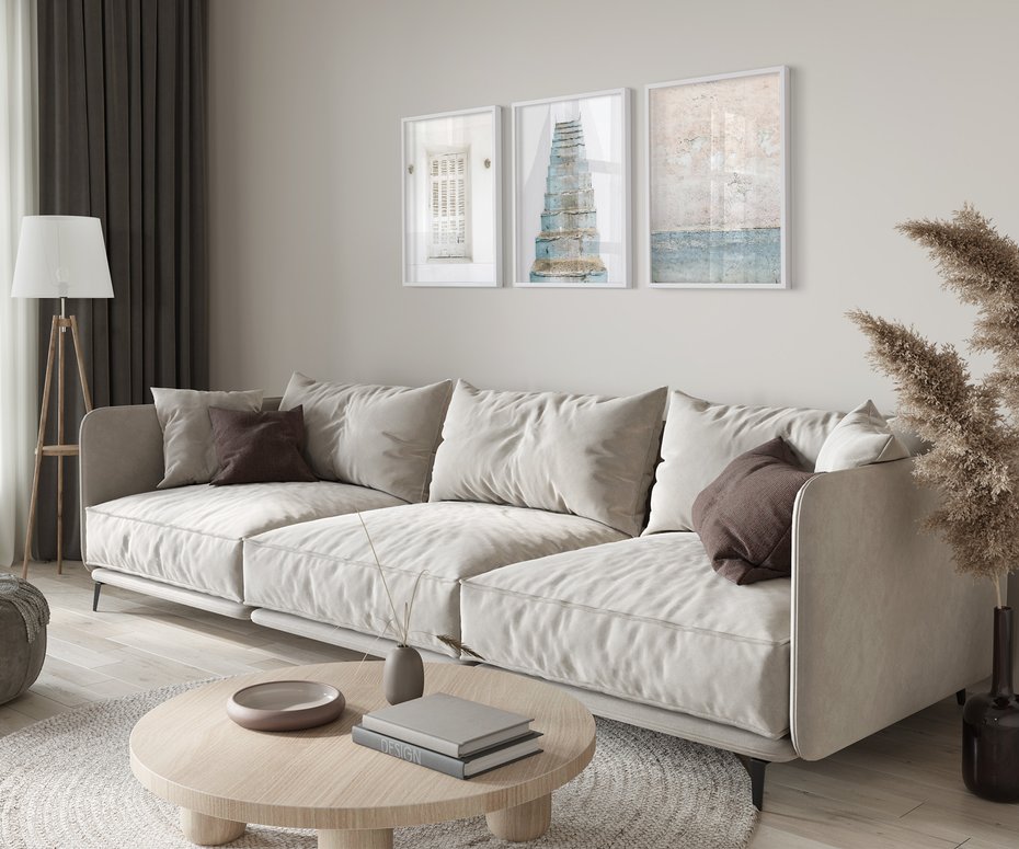 Zestaw obrazy w ramie 30x40 galeria - Turkus, Grecja, schody, okiennice - rama biała