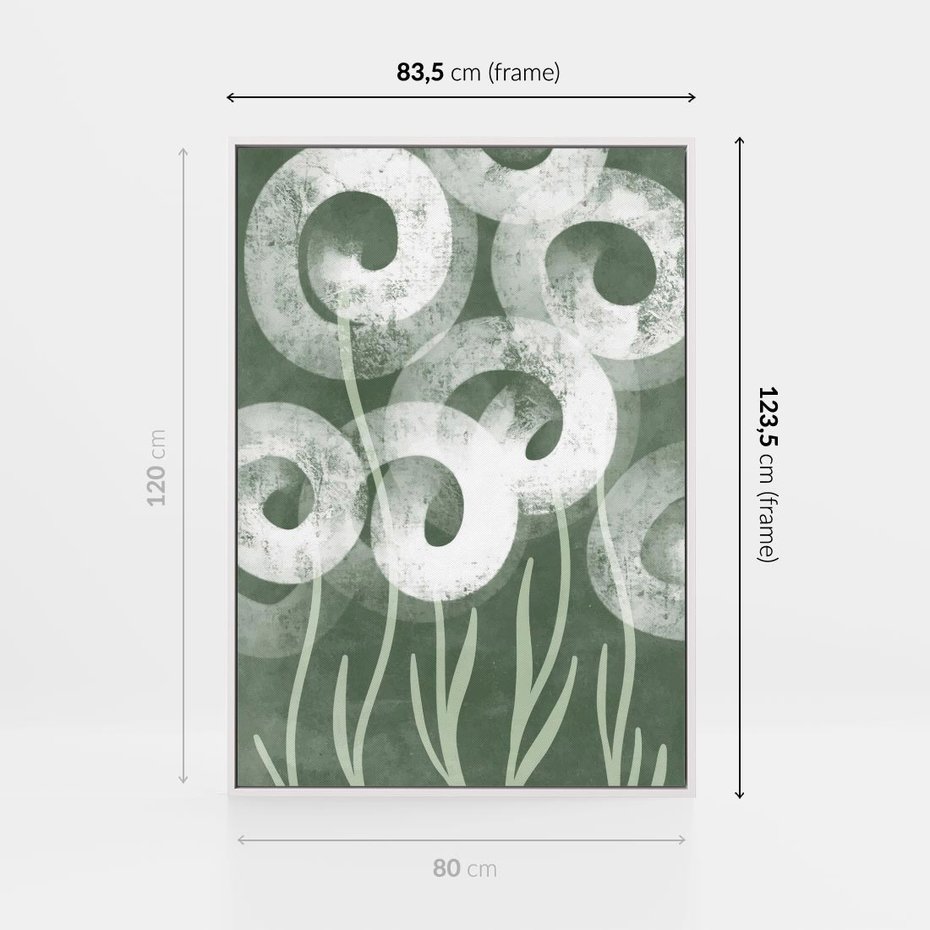 Obraz w ramie 80x120 - Spokojne Plamy Natury - zielony plakat, roślinne motywy - rama biała