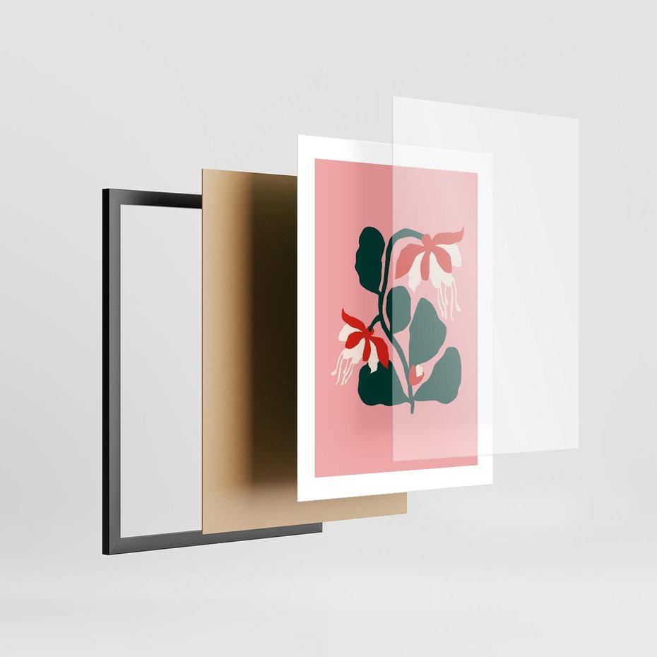 Plakat w ramie 30x40 - Migotliwa Kreatywność - abstrakcyjne kwiaty, różowe tło - rama czarna