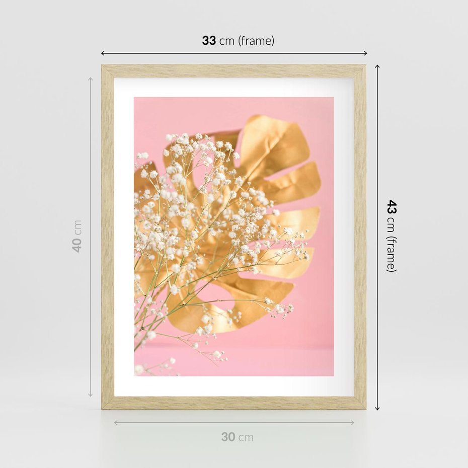 Plakat w ramie 30x40 - : Elegancja w Złocie - złote, liście - rama drewno
