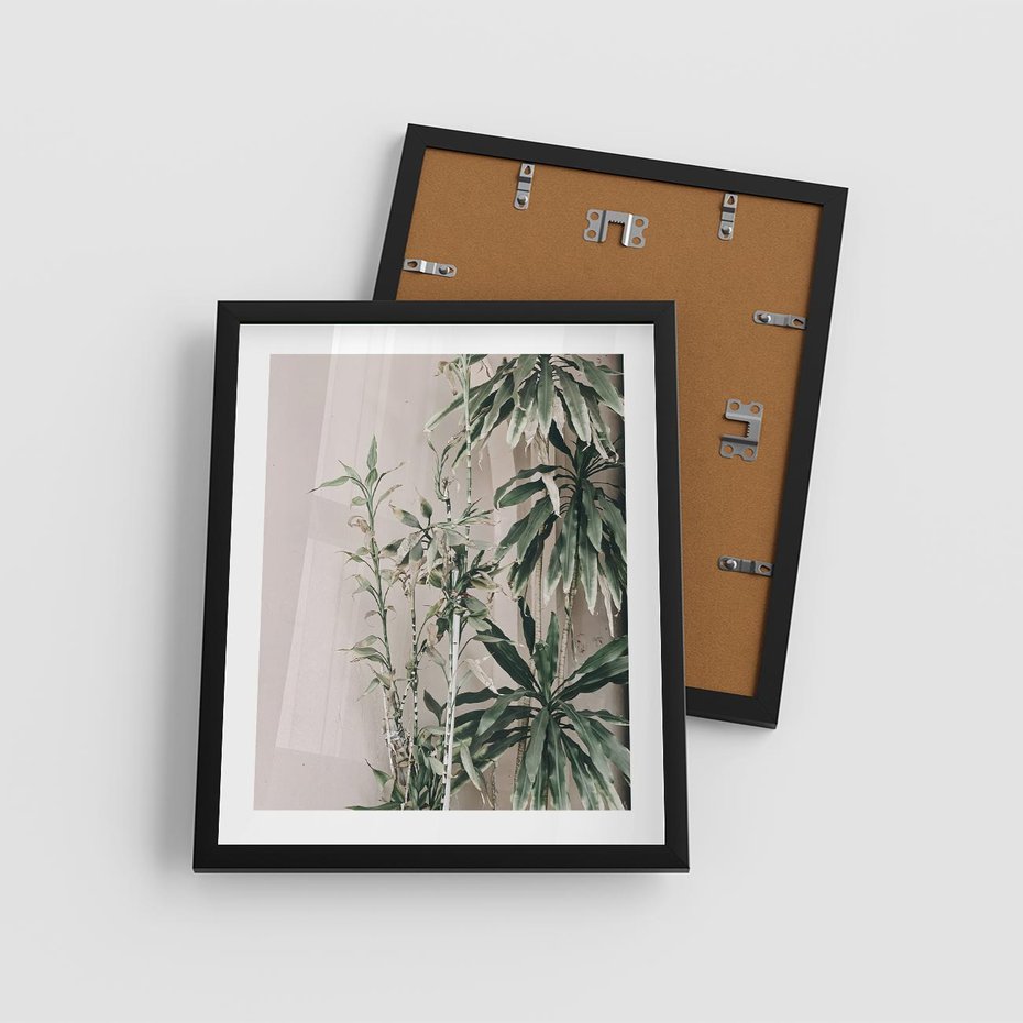 Plakat w ramie 40x50 - Egzotyczna Kompozycja - liście, rośliny tropikalne na tle ściany - rama czarna