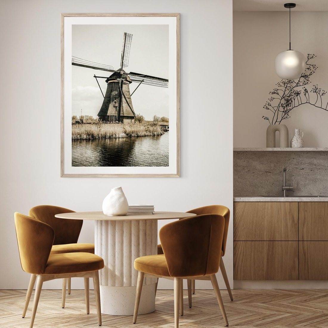 Plakat w ramie 30x40 - Holenderski Wiatrak w Sepii - holenderski wiatrak, młyn - rama drewno