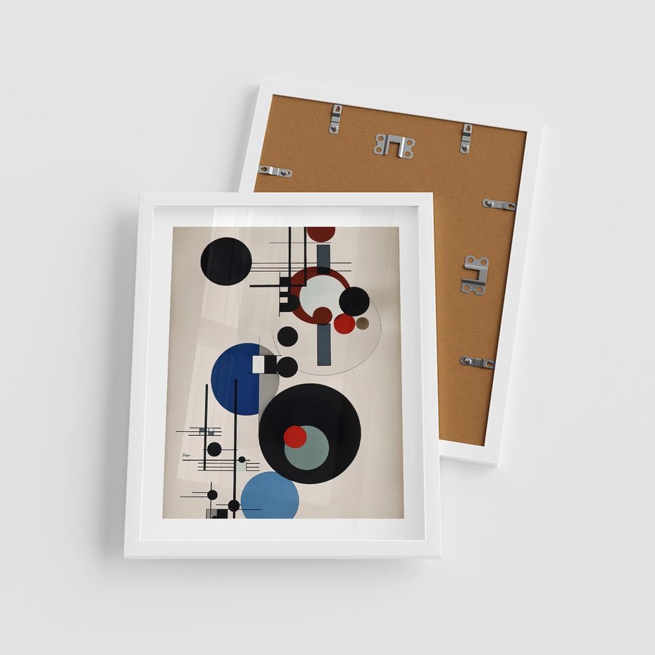 Plakat w ramie 40x50 - Rozkwitające Wibracje Wyobraźni - abstrakcyjna geometryczna kompozycja, koła linie - rama biała