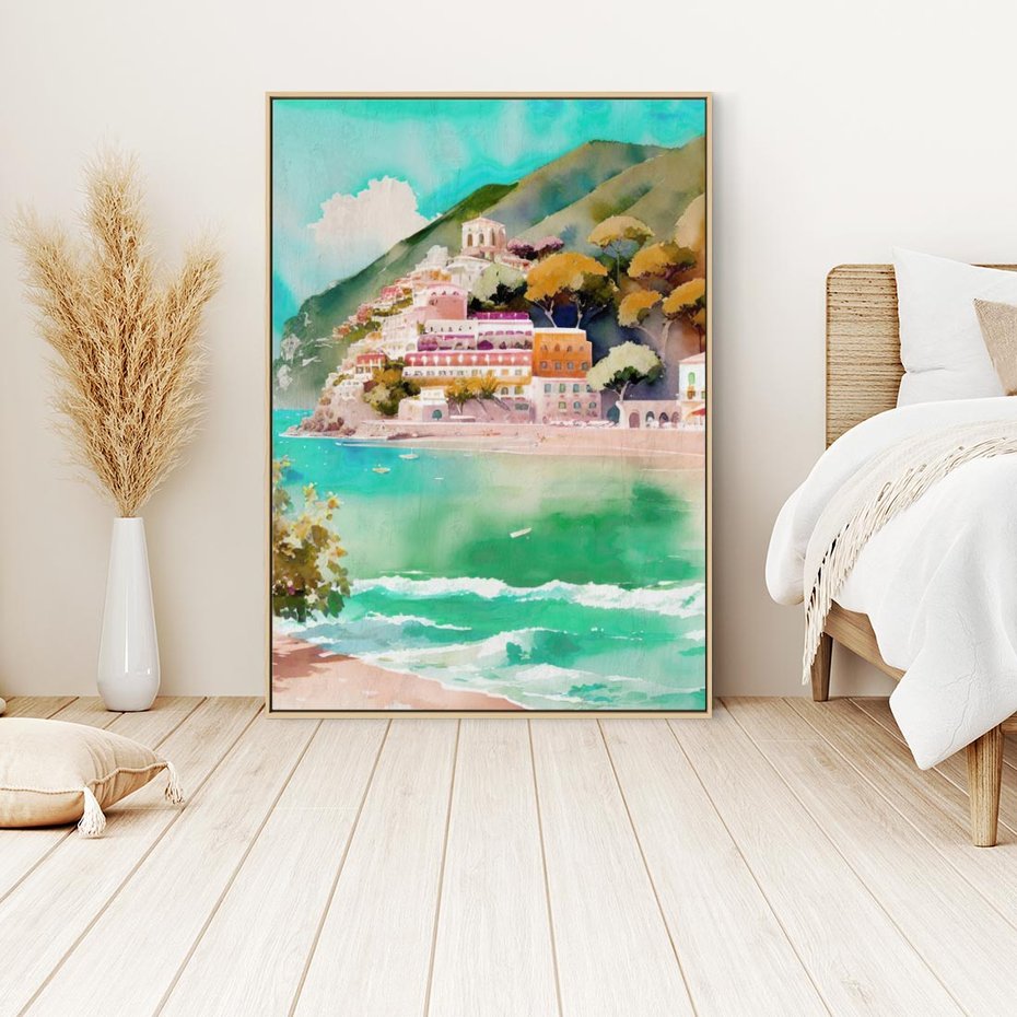 Obraz w ramie 50x70 - Na Zboczu - akwarela, nadmorski pejzaż - rama drewno