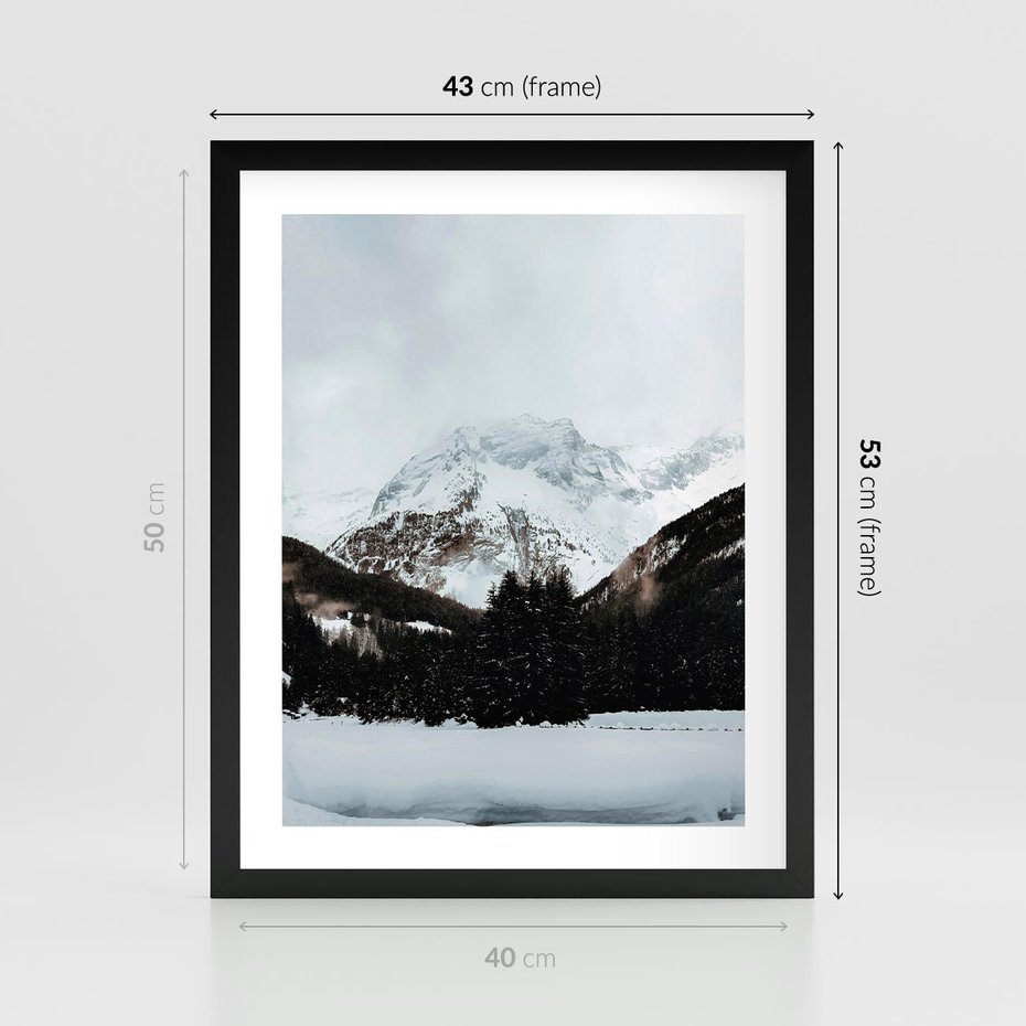 Plakat w ramie 40x50 - W Cieniu Śnieżnych Szczytów - górski krajobraz, zima - rama czarna