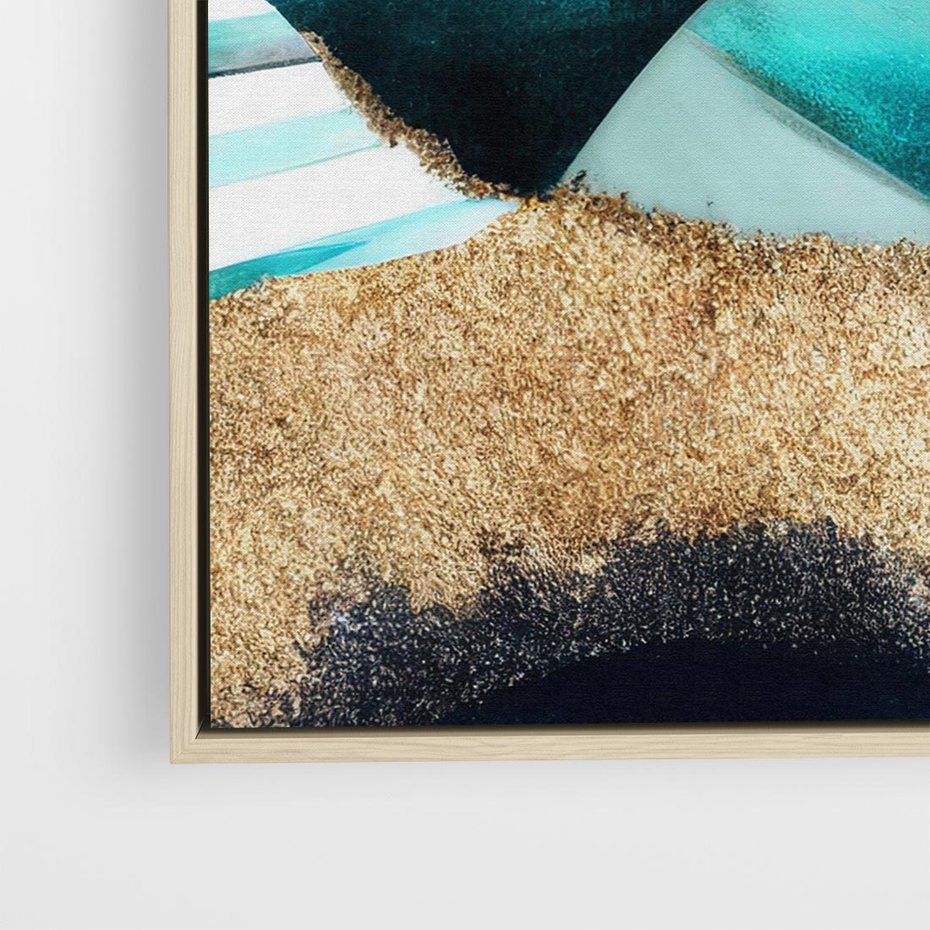 Obraz w ramie 50x50 - Rozlane Turkusy - Turkusowe plamy, złote elementy - rama drewno