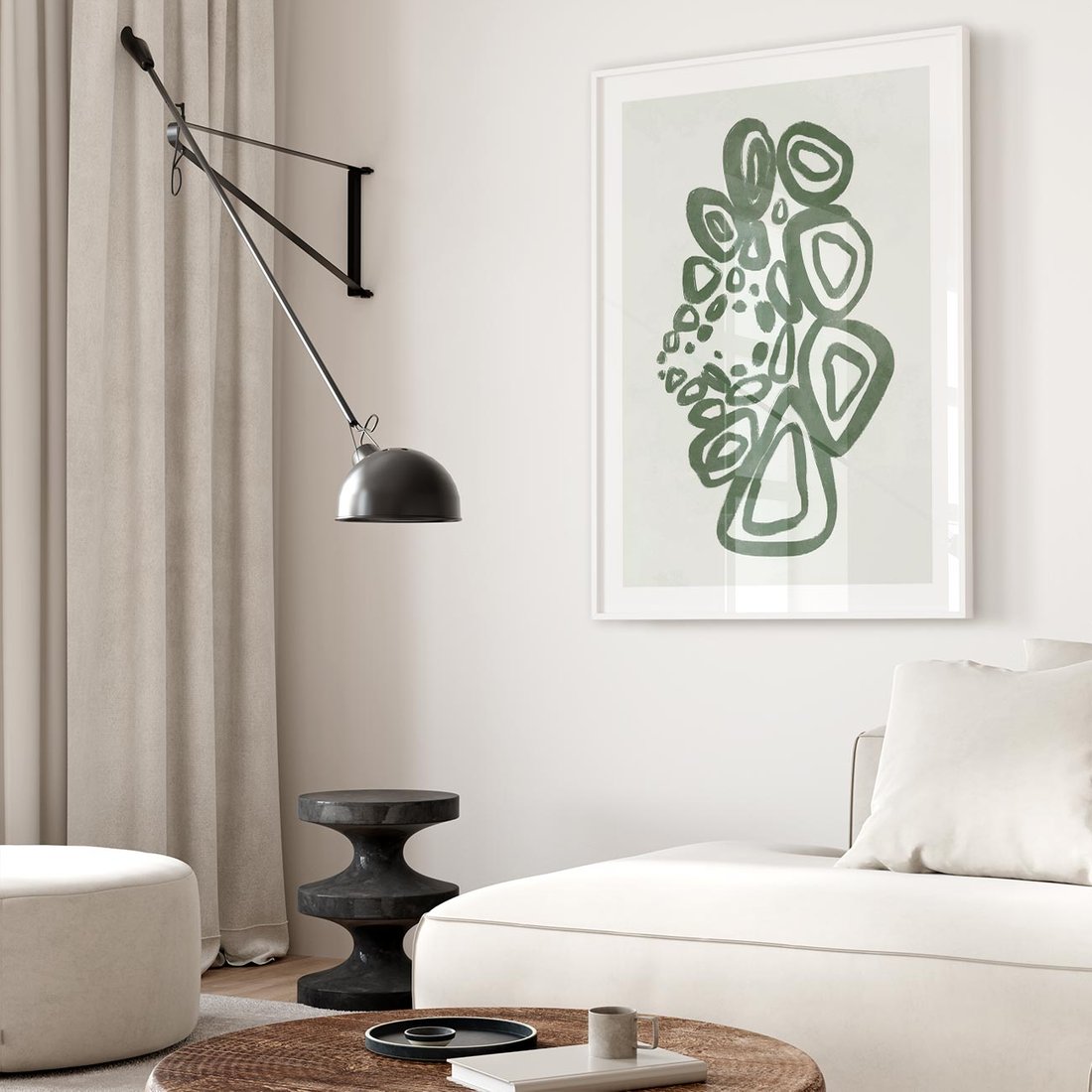 Plakat w ramie 40x50 - Migotliwe Widzenia Zieleni - zielona abstrakcja, zgaszona zieleń - rama biała