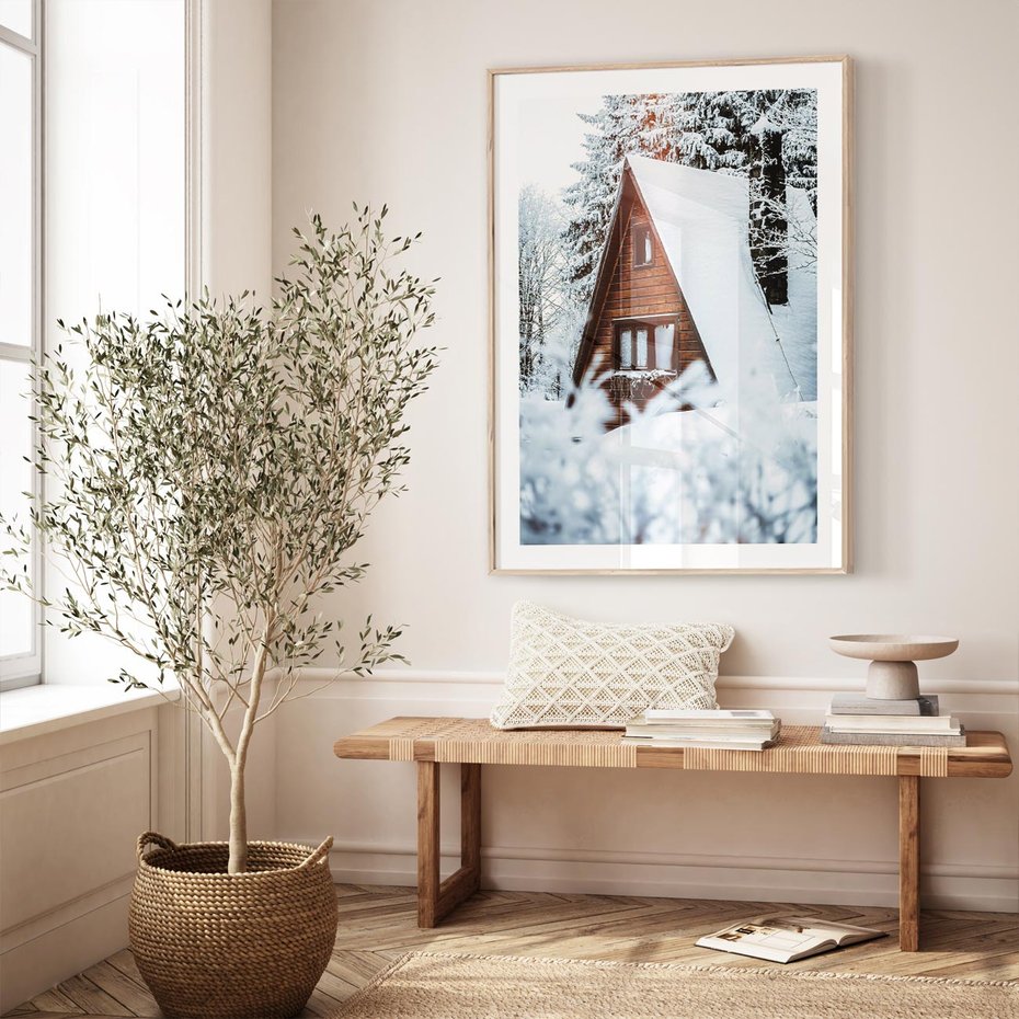 Plakat w ramie 30x40 - Zimowe Ustronie w Lesie - domek w lesie, zimowy las - rama drewno