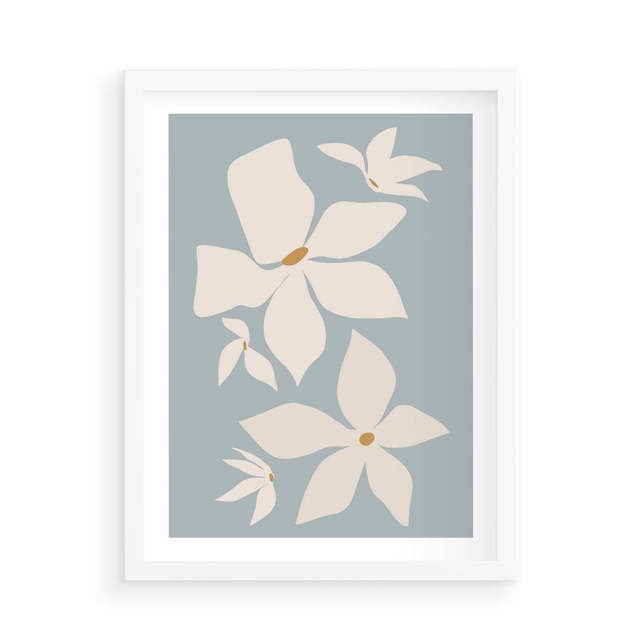 Plakat w ramie 50x70 - Błękit Kwiatów - kwiaty, nowoczesne i minimalistyczne - rama biała