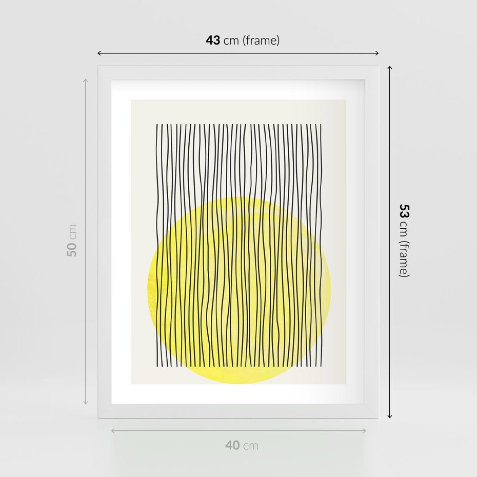 Plakat w ramie 40x50 - Ciepłe Przenikanie - geometria, żółte koło - rama biała