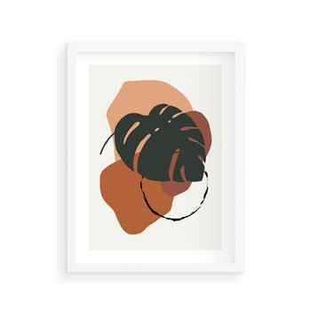 Plakat w ramie 50x70 - Brązowa Ekspresja - liść monstery, boho obraz - rama biała