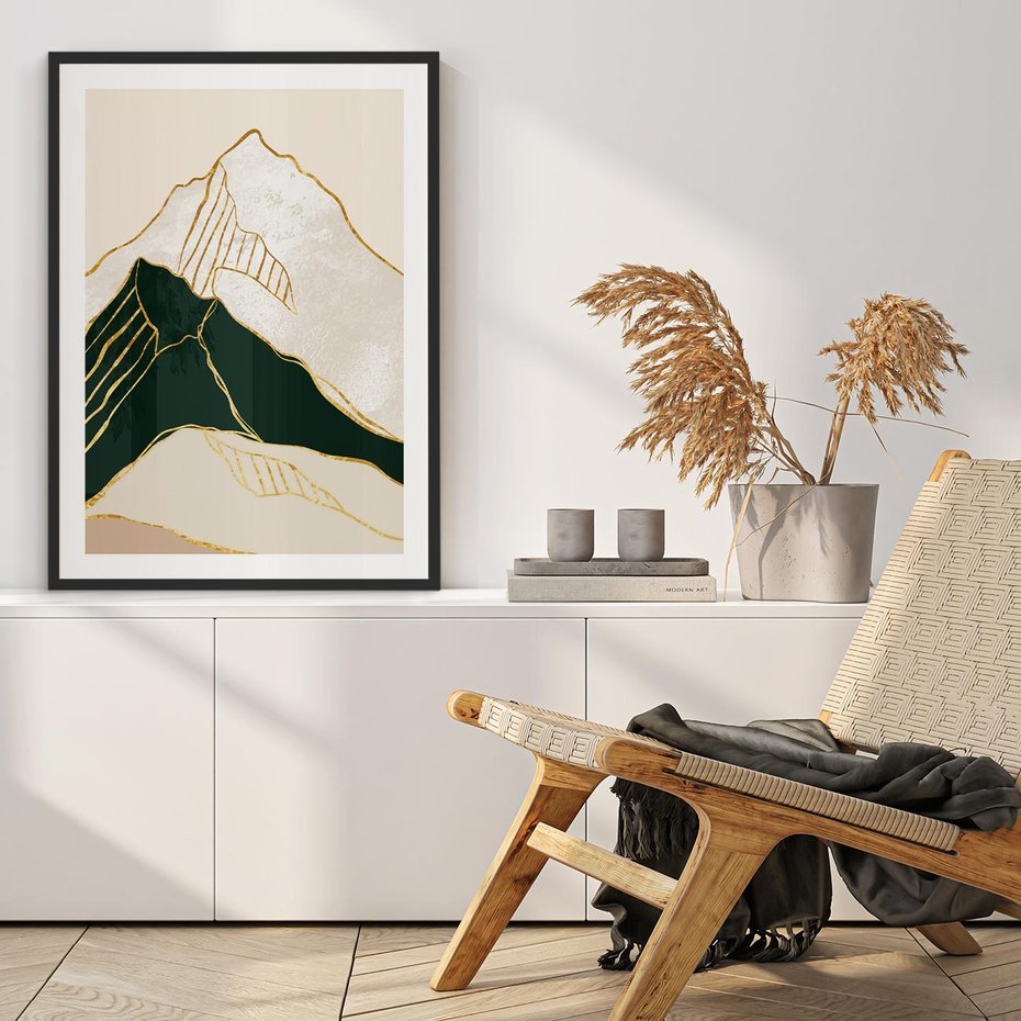 Plakat bez ramy 21x30 - Minimalistyczne Góry: Złota Sztuka Natury - minimalistyczna grafika, góry