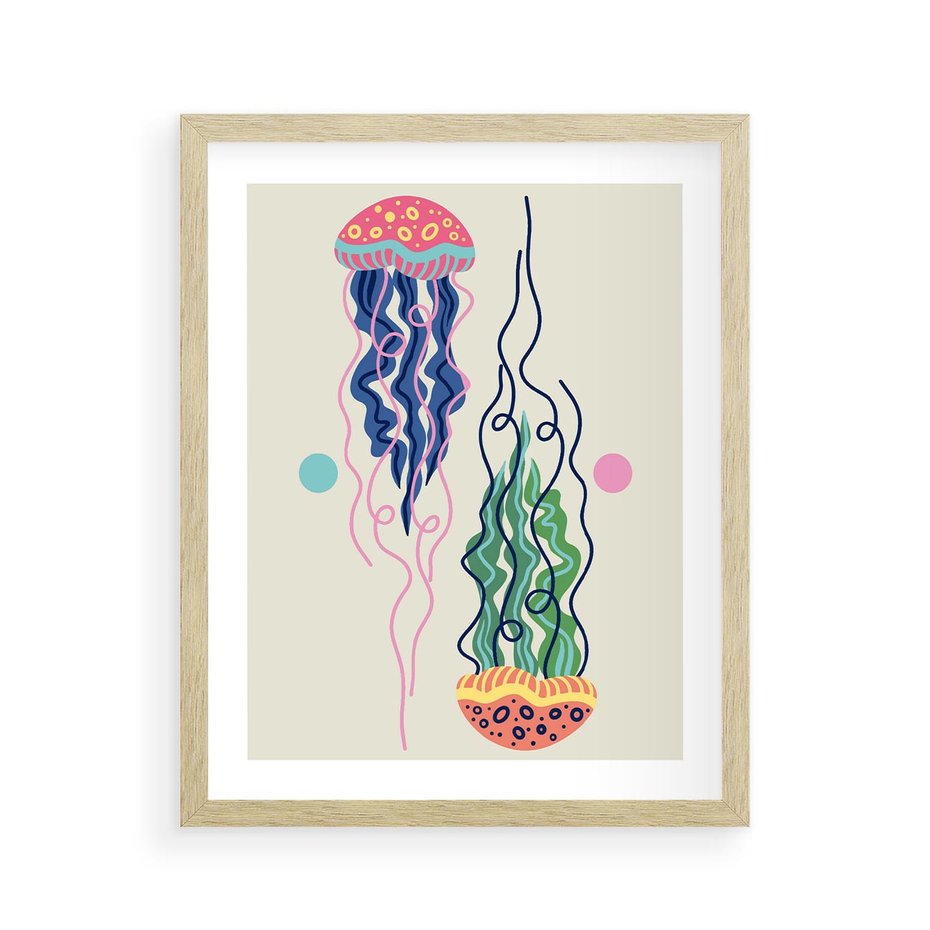 Plakat w ramie 40x50 - Morskie Pulsacje - nowoczesny optymistyczny plakat, kolorowe meduzy - rama drewno