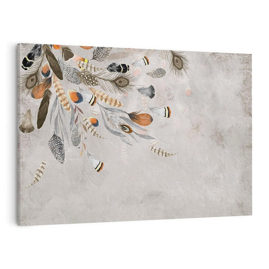 Obraz na płótnie 120x80 - Sploty losu na płótnie - kompozycja boho piór, indiańskie pióra