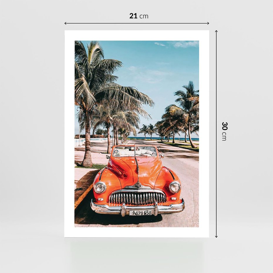 Plakat bez ramy 21x30 - Retro Przejażdżka - pomarańczowy retro samochód, kabriolet