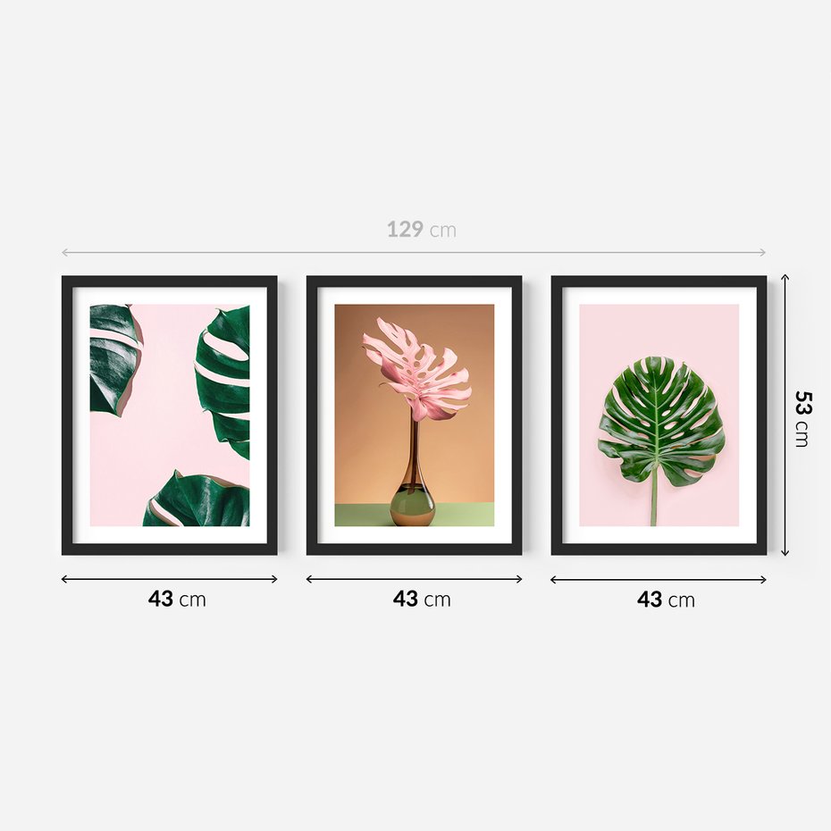 Zestaw obrazy w ramie 40x50 galeria - Monstera, liście, pastelowe, tło, tropikalne - rama czarna