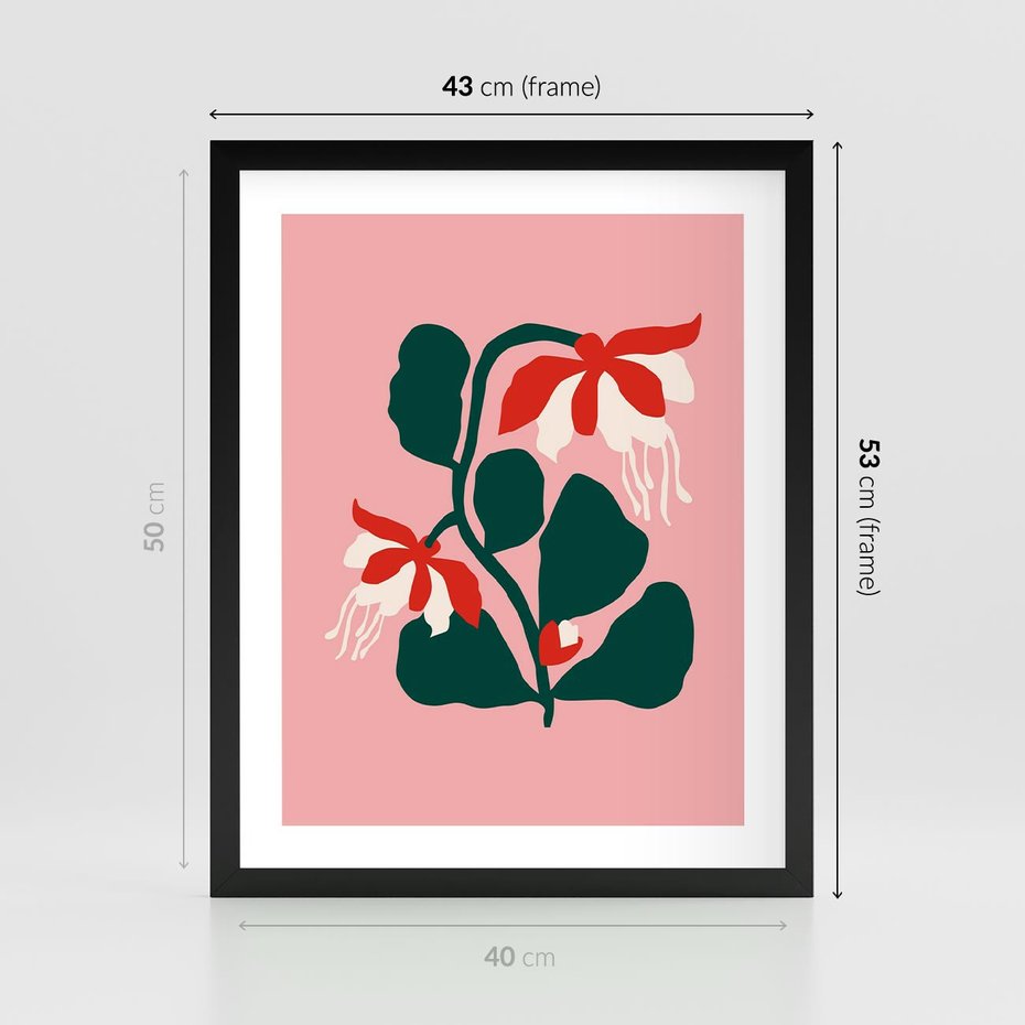 Plakat w ramie 40x50 - Migotliwa Kreatywność - abstrakcyjne kwiaty, różowe tło - rama czarna