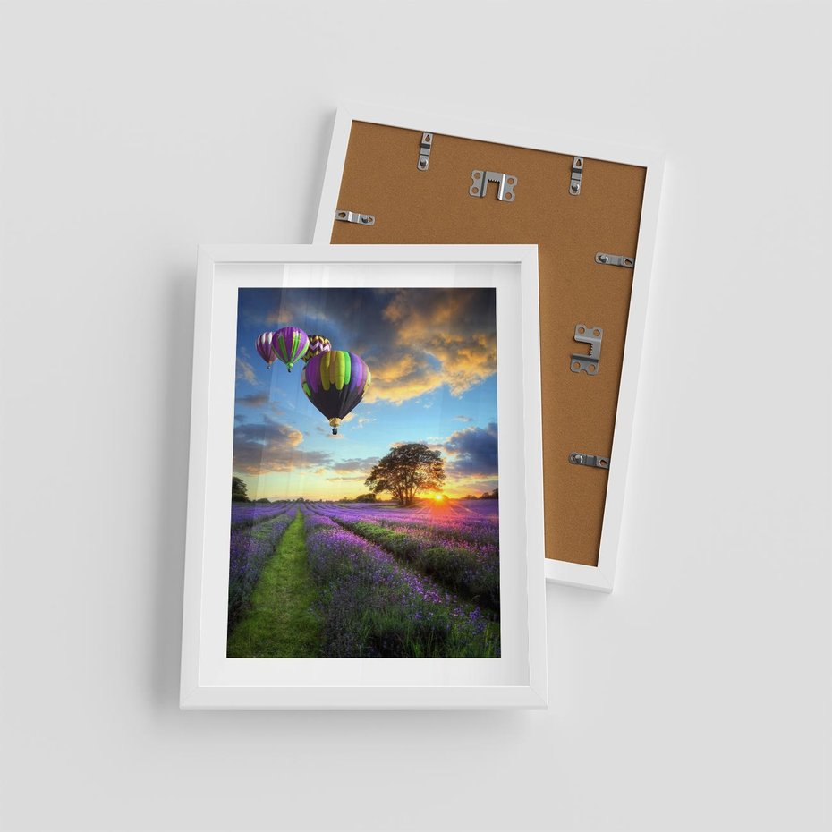 Plakat w ramie 30x40 - Lawendowe Marzenia - lawenda, balony - rama biała