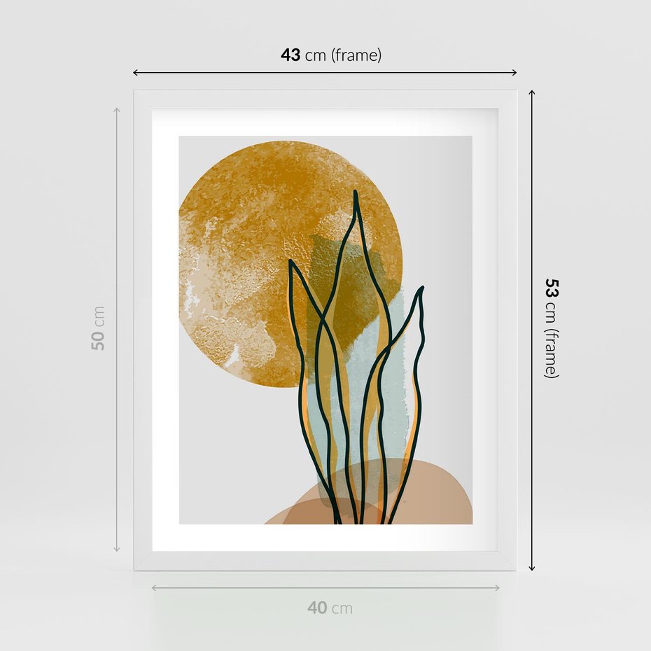Plakat w ramie 40x50 - Światło Natury: Graficzne Liście i Złote Słońce - grafika, graficzne liście - rama biała