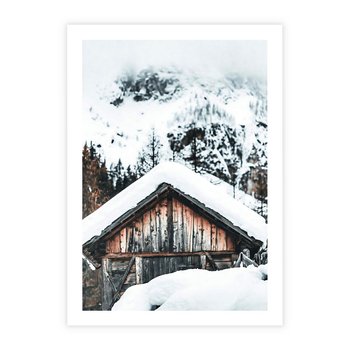Plakat bez ramy 21x30 - Domek w Górach w Białym Odcieniu - zima, domek w górach