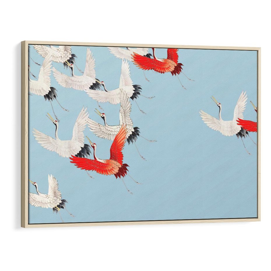 Obraz w ramie 120x80 - Eteryczne Żurawie - lecące żurawie, orientalna sztuka - rama drewno